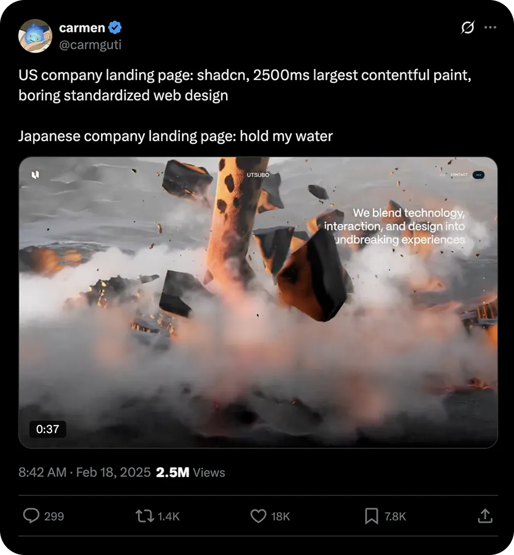 X post: US landing page: shadcn, 2500ms LCP, safe and standardized. Japan landing page: watch this. 2.5M views