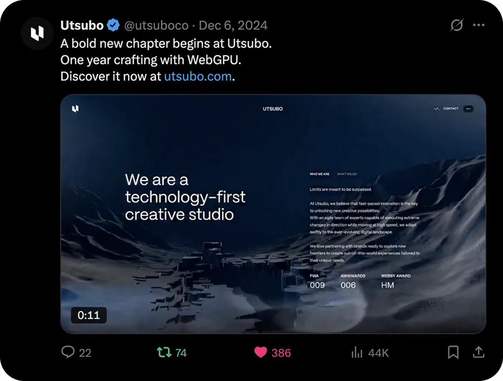 X post: A bold new chapter begins at Utsubo. 44,000 views