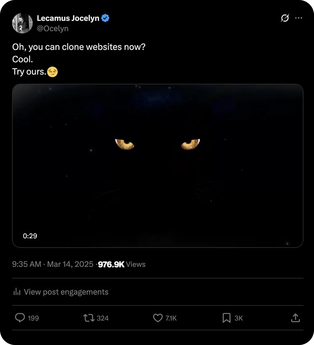 X post: Oh… you can clone websites now. 976,000 views