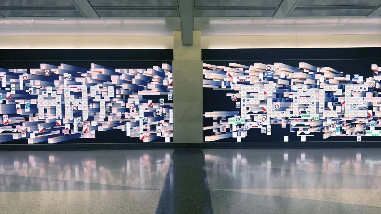 MTA Arts and Design digital art commission at Grand Central Madison — five large LED screens in the LIRR concourse displaying Yehwan Song's Anyplace, Anytime, Anywhere with digital icons sliding along subway-track-like paths