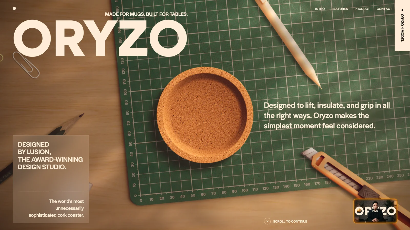 Oryzo by Lusion, inertial 3D product render of a cork coaster with Z-axis depth scroll in Three.js