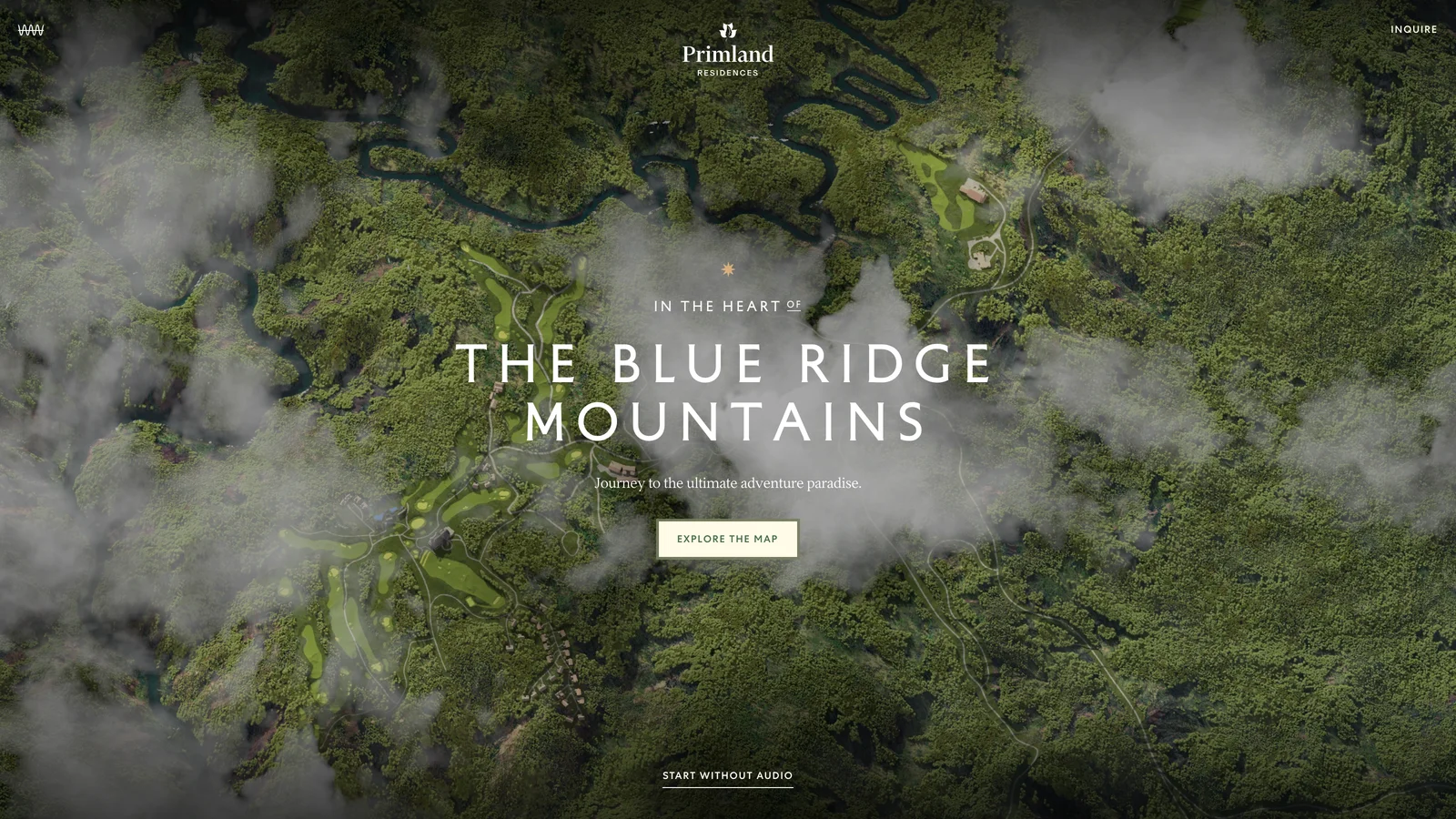 Explore Primland, cinematic 3D flythrough of the Blue Ridge Mountains in Three.js