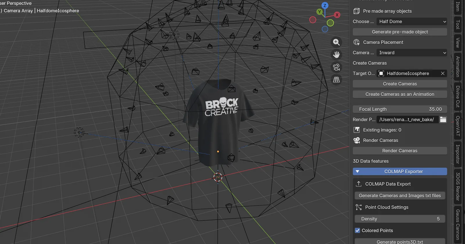 Utsubo Blender plugin capturing a t-shirt inside a half-dome icosphere across 360 degrees to generate Gaussian, 4D Gaussian, or baked transparent video
